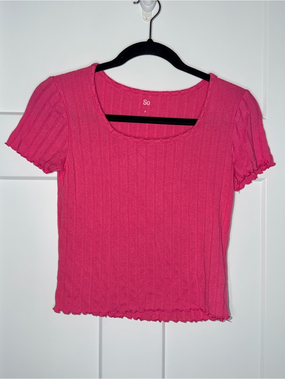 Pink Lettuce Edge Ribbed Scoop Neck Short Sleeve